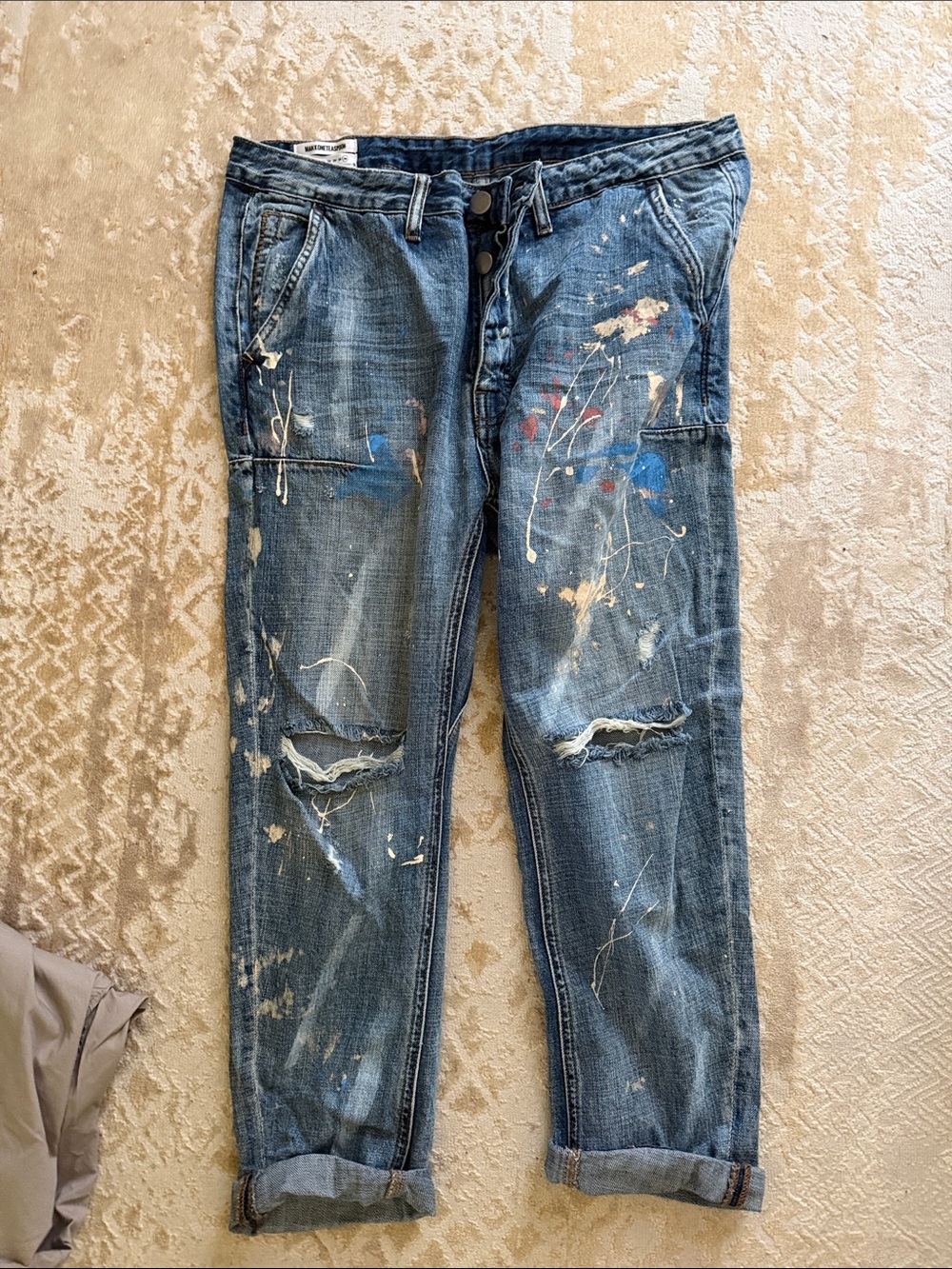 One Teaspoon Men's Blue Distressed Slim Straight Jeans with Paint Splatter
